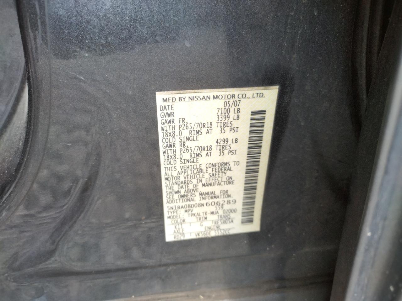 Photo 10 from auction – 2008 NISSAN ARMADA SE with VIN 5N1BA08D08N606289