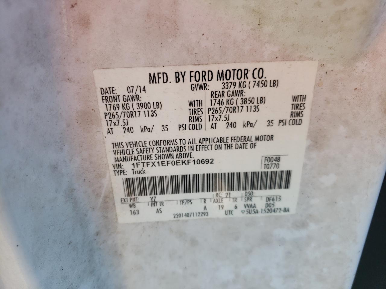 Photo 10 from auction – 2014 FORD F150 SUPER with VIN 1FTFX1EF0EKF10692