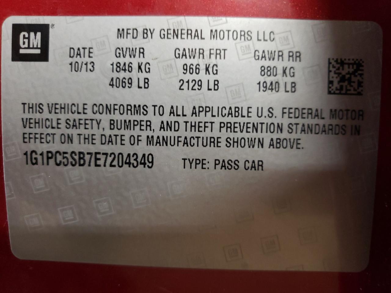 Photo 10 from auction – 2014 CHEVROLET CRUZE LT with VIN 1G1PC5SB7E7204349