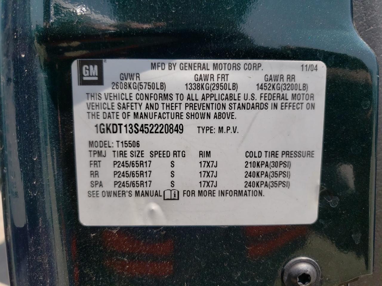 صورة رقم 10 من المزاد - 2005 GMC ENVOY مع VIN 1GKDT13S452220849