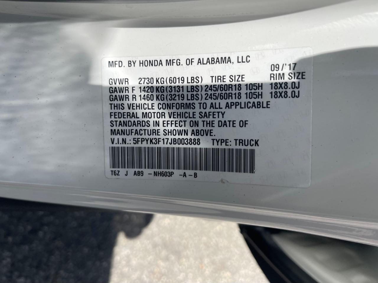 Photo 10 from auction – 2018 HONDA RIDGELINE with VIN 5FPYK3F17JB003888