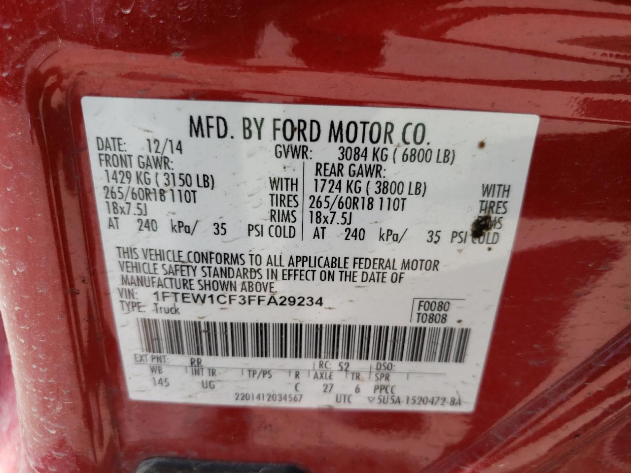 Photo 10 from auction – 2015 FORD F150 SUPER with VIN 1FTEW1CF3FFA29234