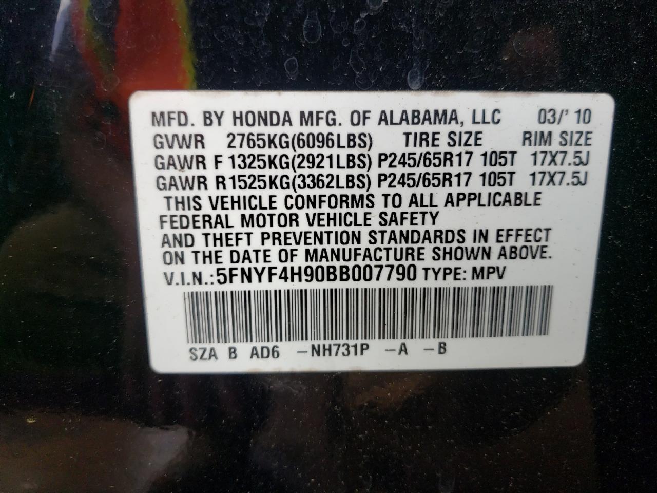 Photo 10 from auction – 2011 HONDA PILOT TOUR with VIN 5FNYF4H90BB007790