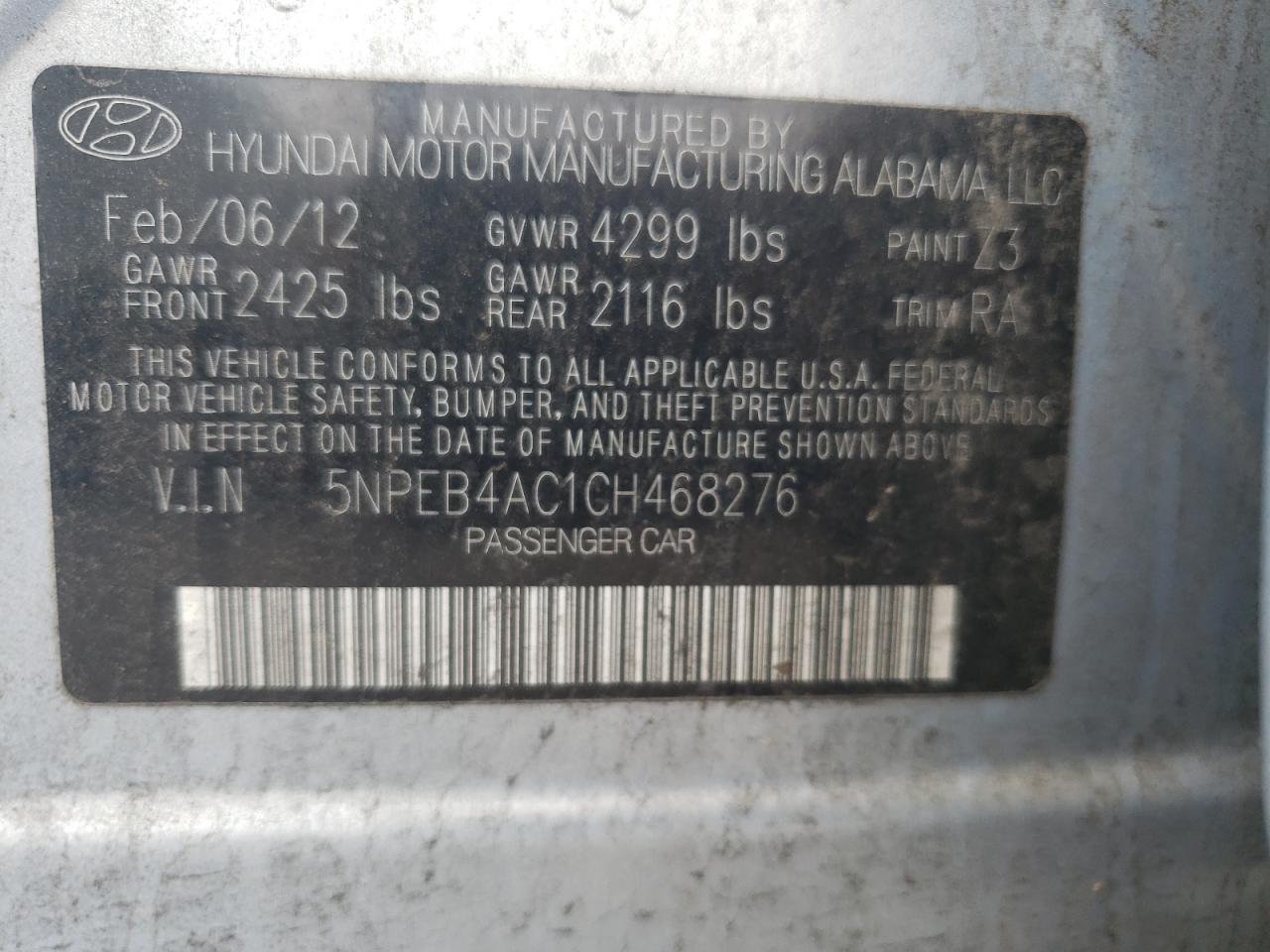Photo 10 from auction – 2012 HYUNDAI SONATA GLS with VIN 5NPEB4AC1CH468276