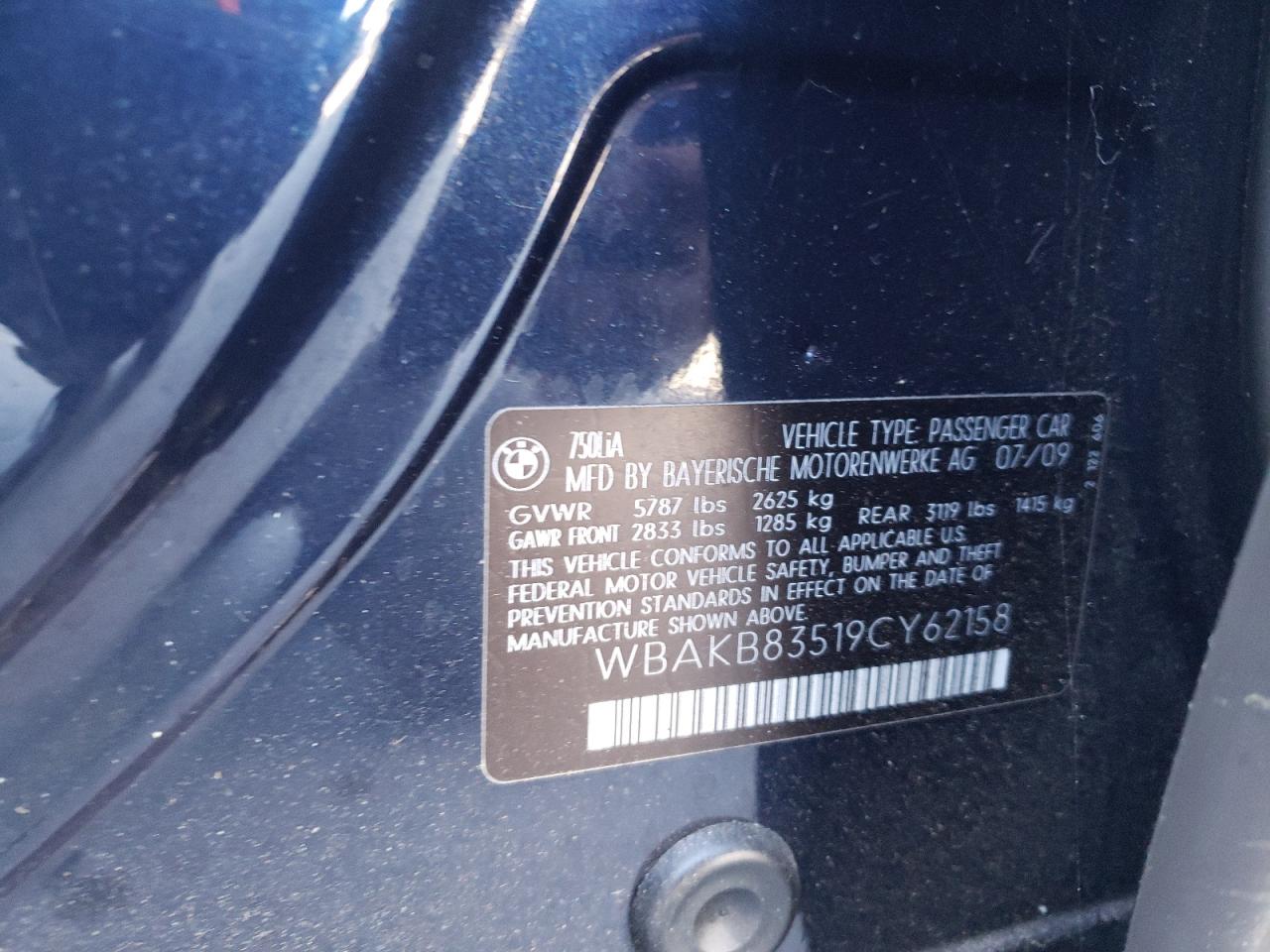 Photo 10 from auction – 2009 BMW 750 LI with VIN WBAKB83519CY62158