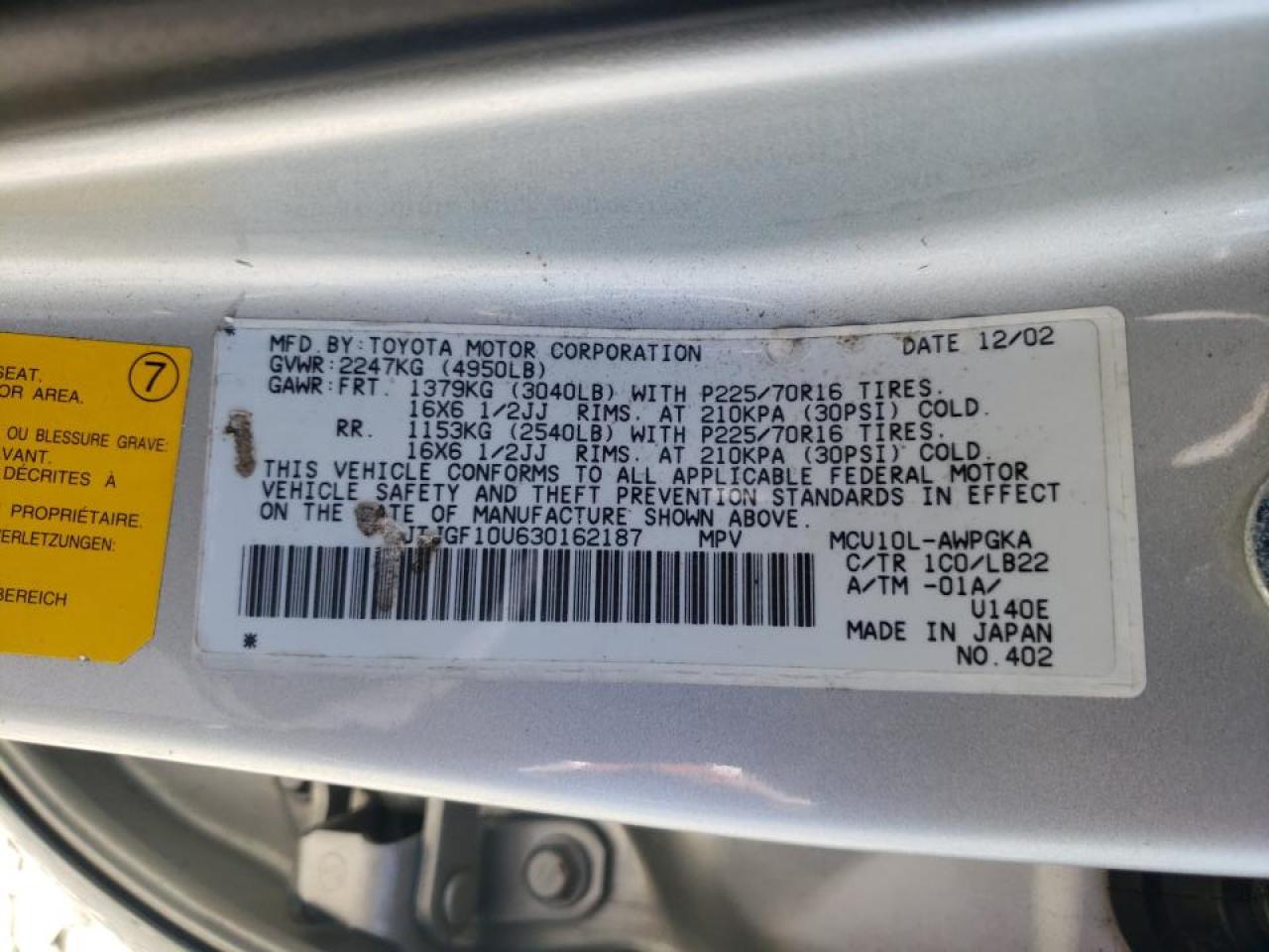 Photo 10 from auction – 2003 LEXUS RX 300 with VIN JTJGF10U630162187