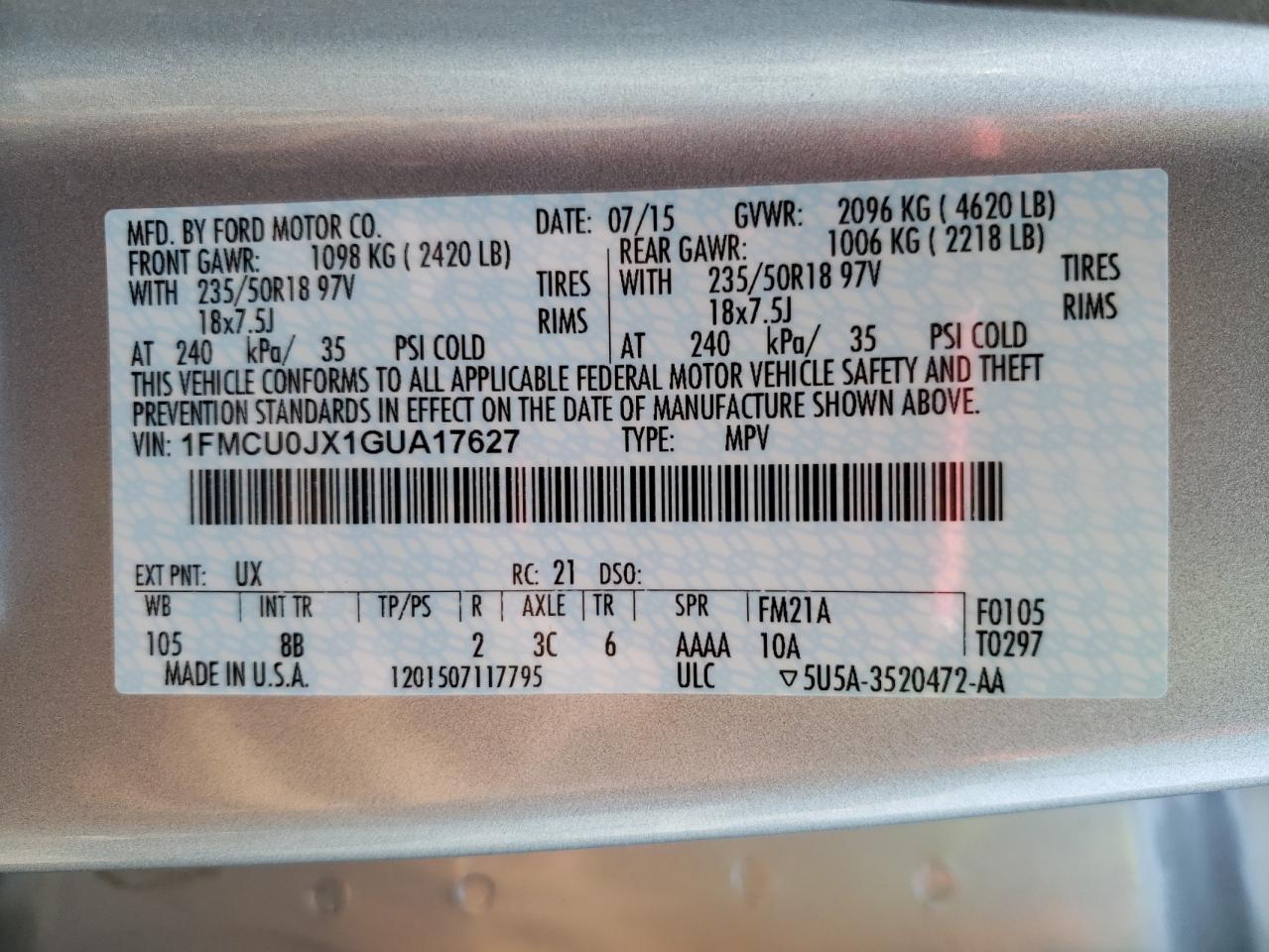 Photo 10 from auction – 2016 FORD ESCAPE TIT with VIN 1FMCU0JX1GUA17627