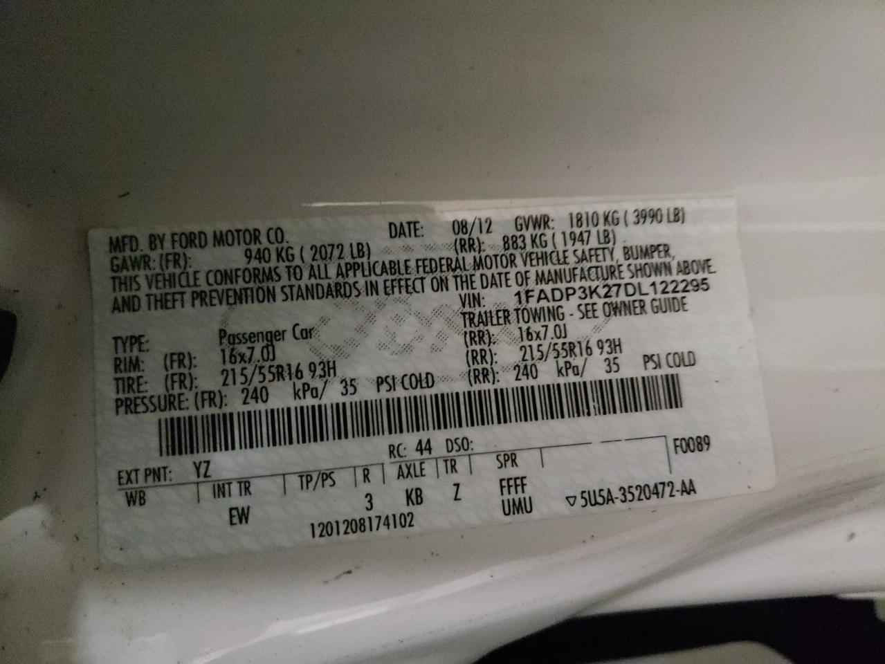 Photo 10 from auction – 2013 FORD FOCUS SE with VIN 1FADP3K27DL122295