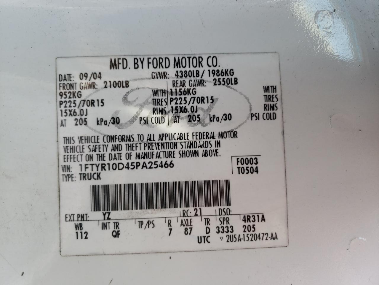 Photo 10 from auction – 2005 FORD RANGER with VIN 1FTYR10D45PA25466