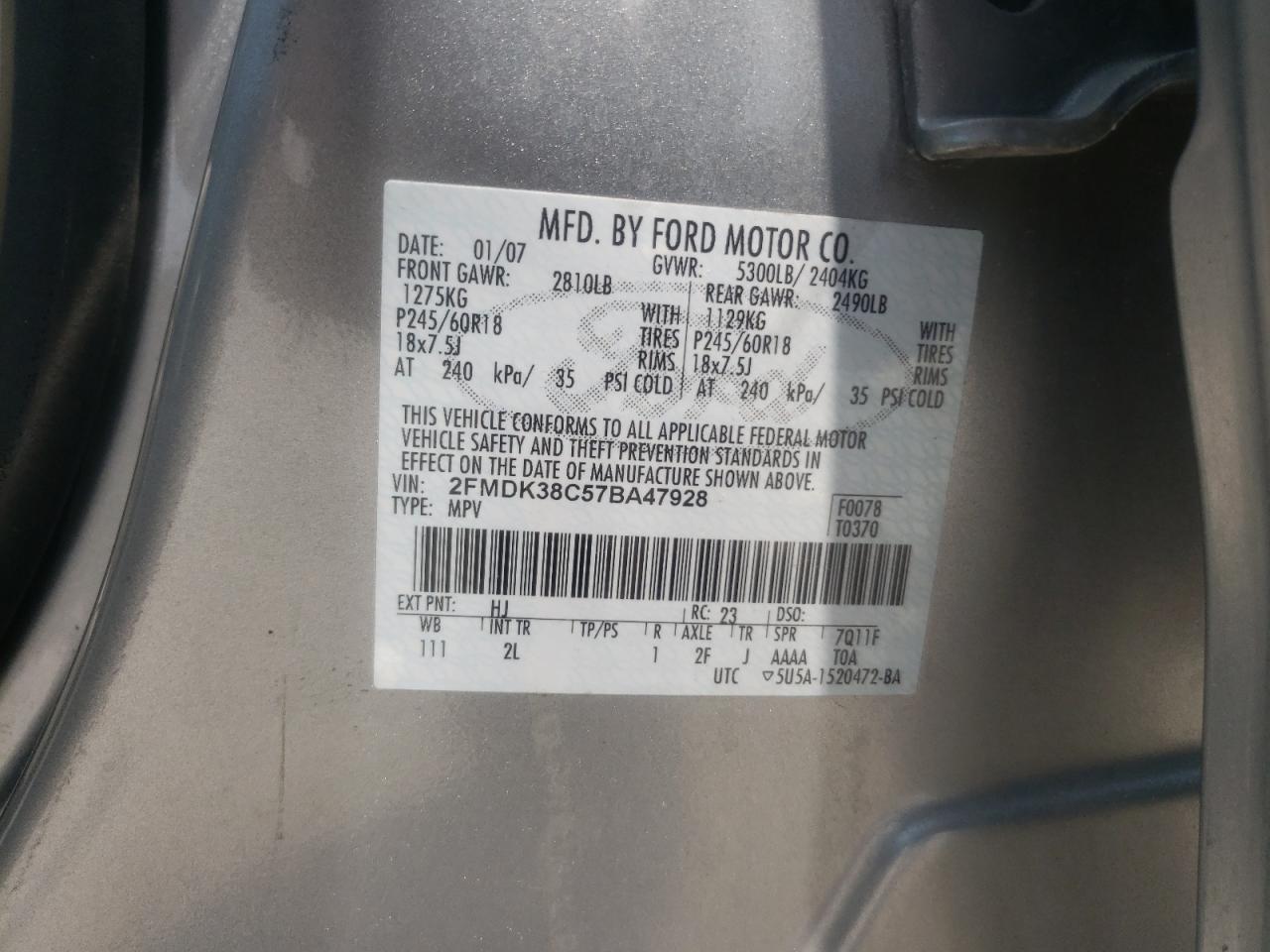 Photo 10 from auction – 2007 FORD EDGE SEL with VIN 2FMDK38C57BA47928
