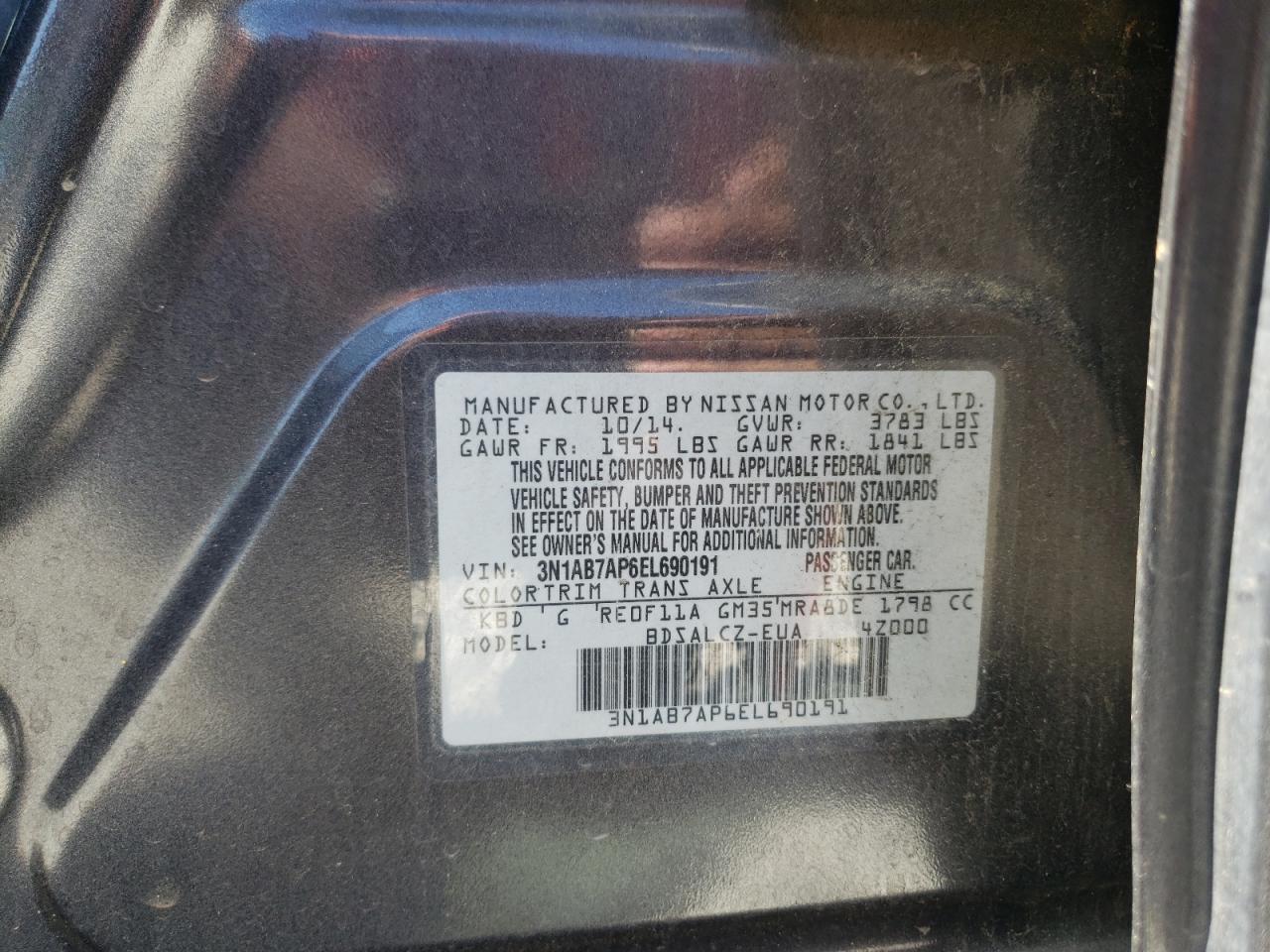 Photo 10 from auction – 2014 NISSAN SENTRA S with VIN 3N1AB7AP6EL690191