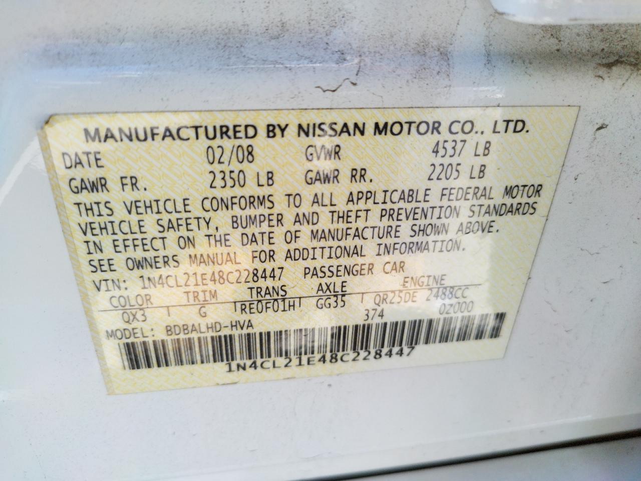 Photo 10 from auction – 2008 NISSAN ALTIMA HYB with VIN 1N4CL21E48C228447