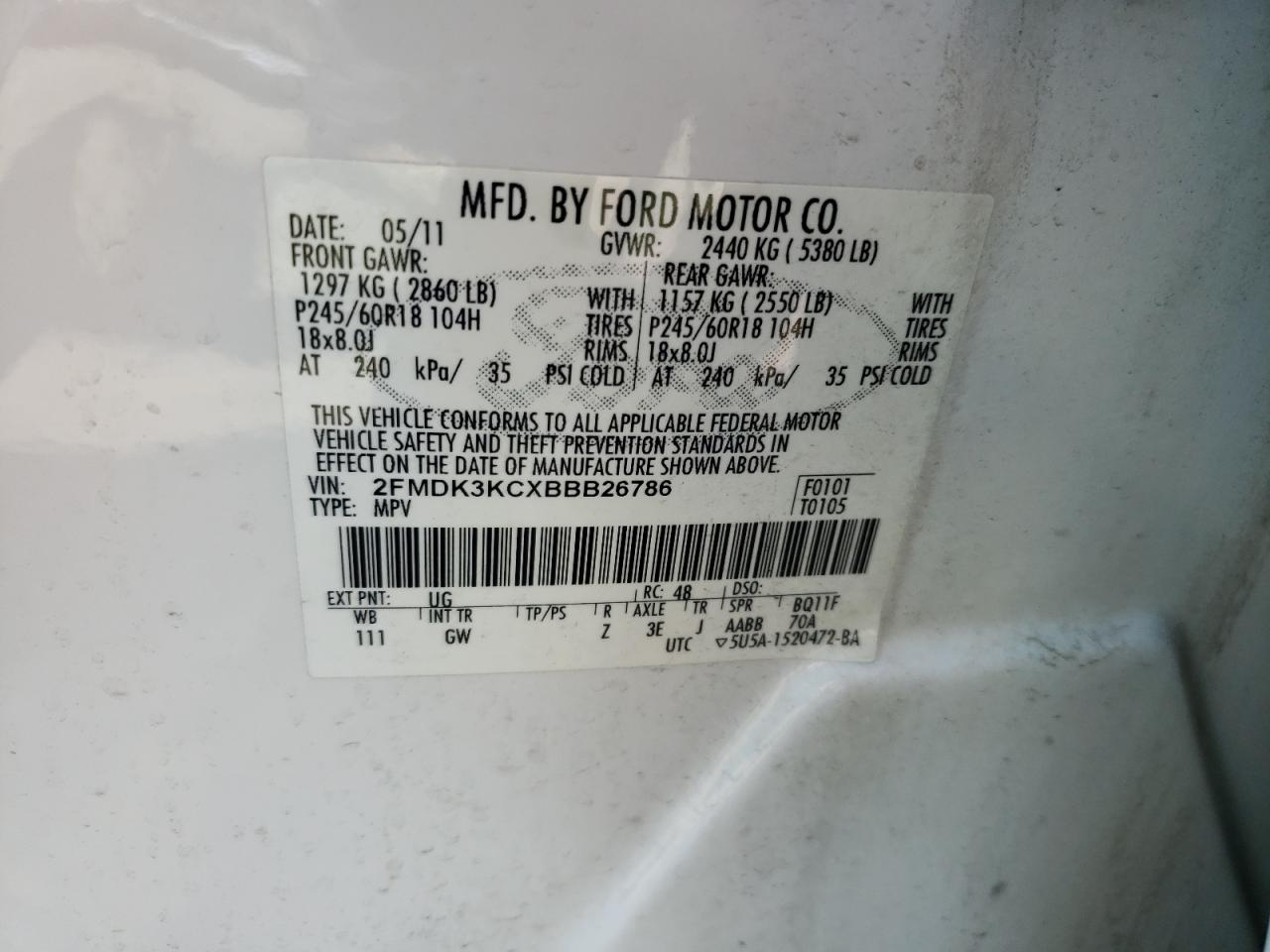 Photo 10 from auction – 2011 FORD EDGE LIMIT with VIN 2FMDK3KCXBBB26786