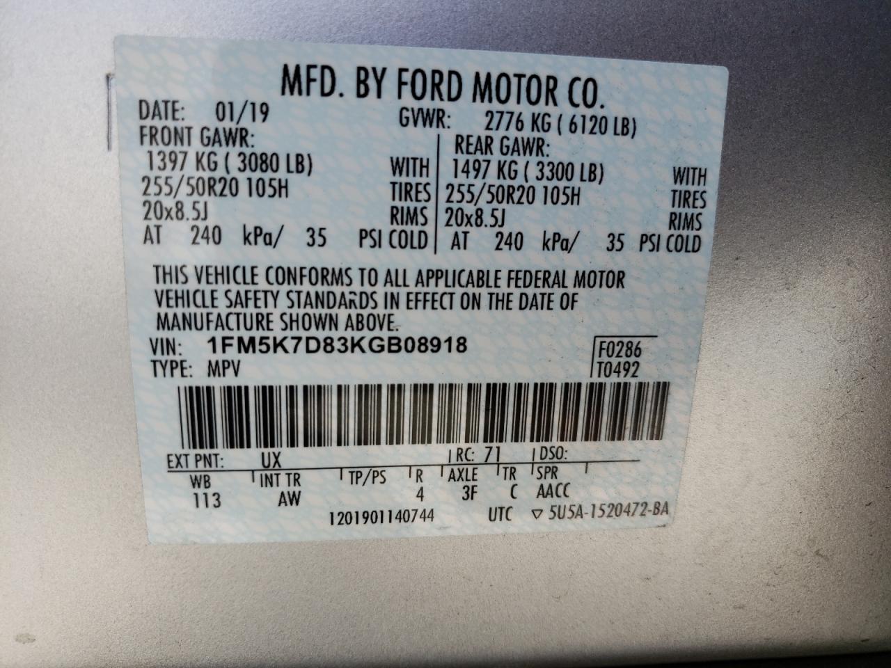 Photo 10 from auction – 2019 FORD EXPLORER X with VIN 1FM5K7D83KGB08918