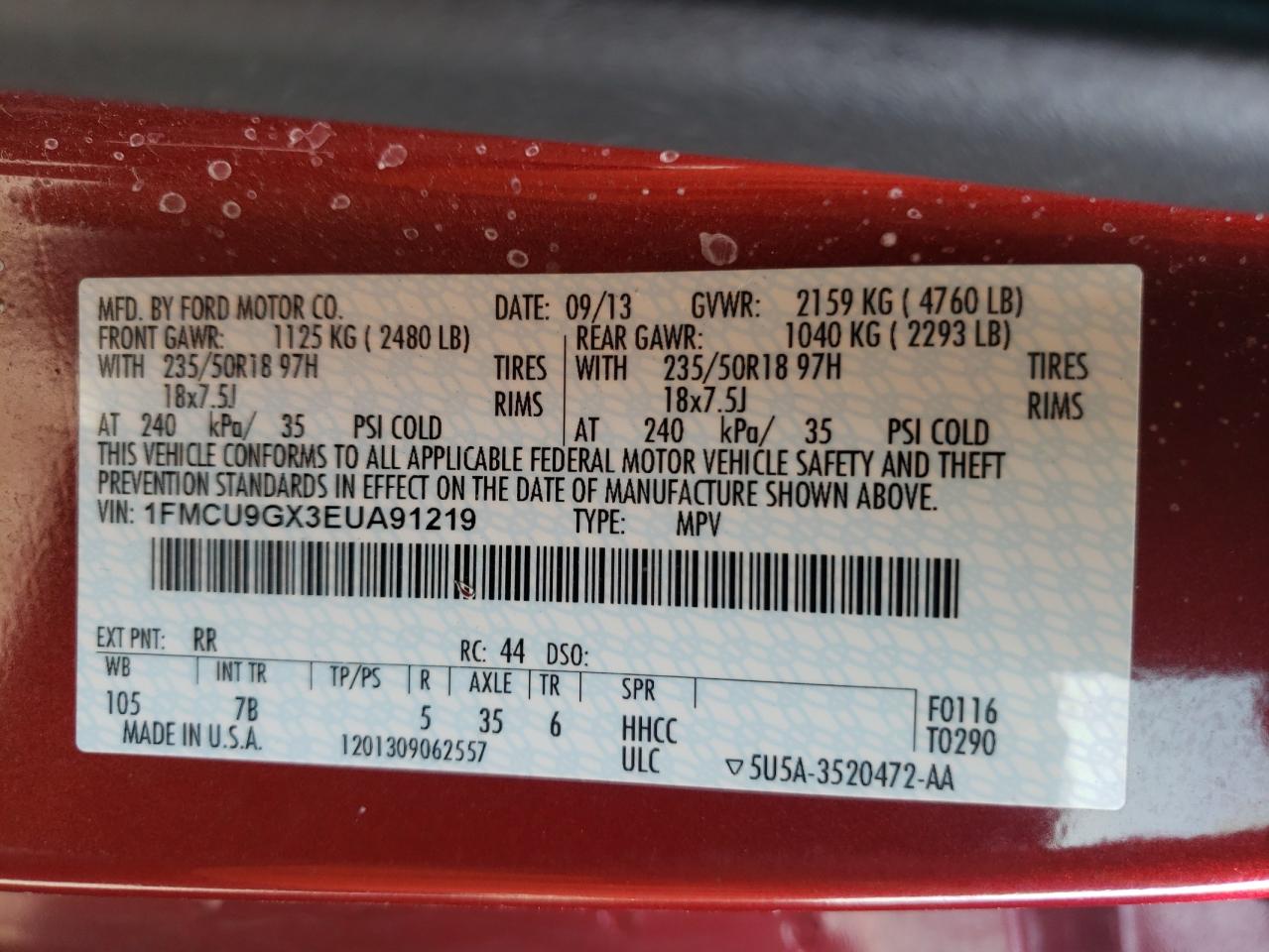 Photo 10 from auction – 2014 FORD ESCAPE SE with VIN 1FMCU9GX3EUA91219