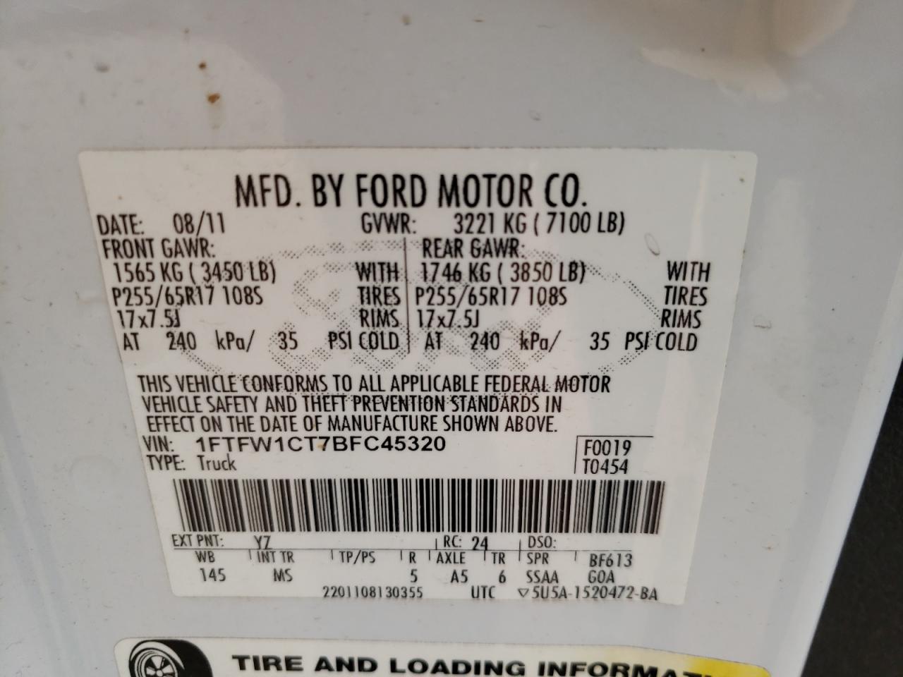 Foto 10 de la subasta – 2011 FORD F150 SUPER con VIN 1FTFW1CT7BFC45320