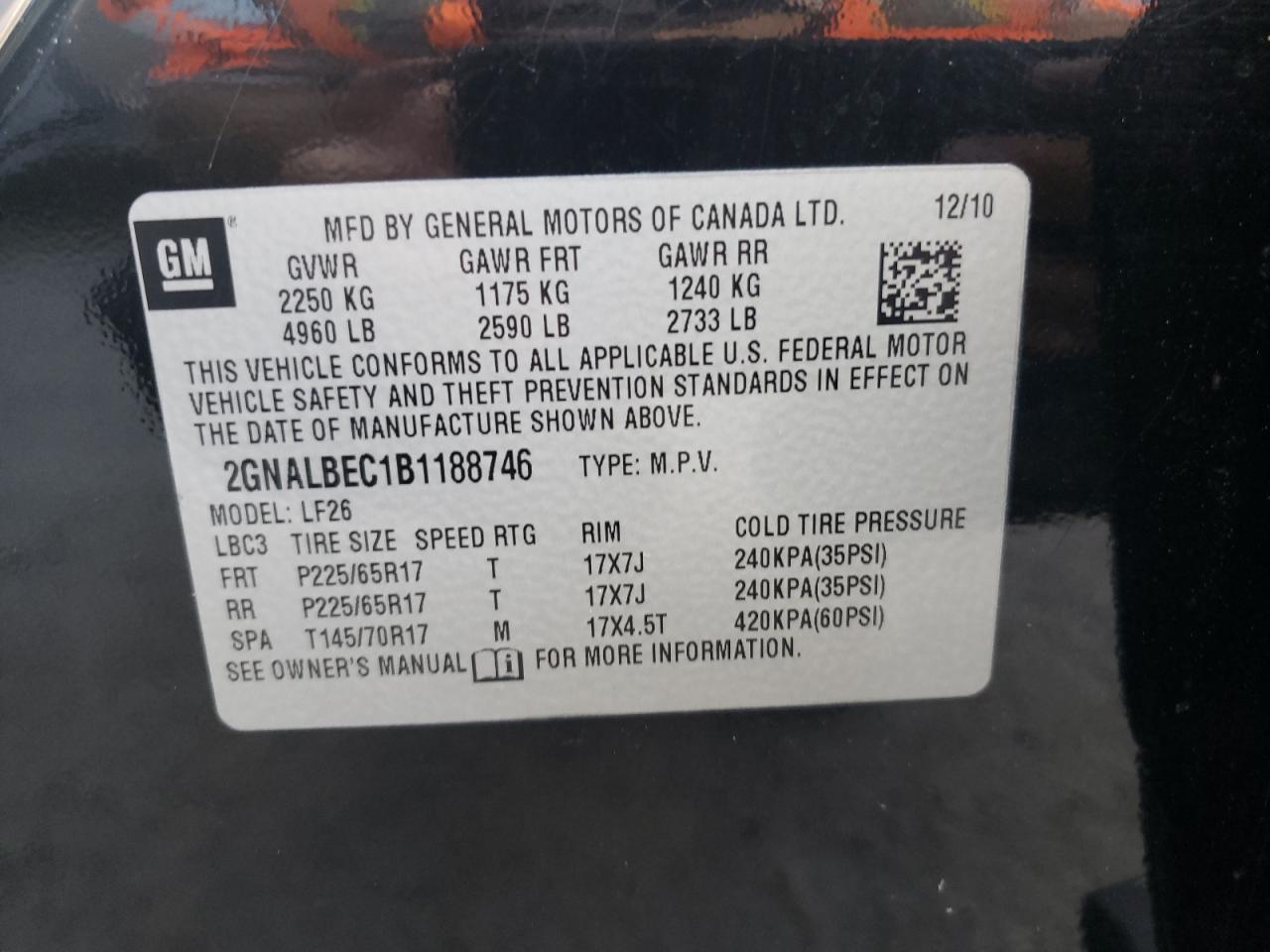 Photo 10 from auction – 2011 CHEVROLET EQUINOX LS with VIN 2GNALBEC1B1188746