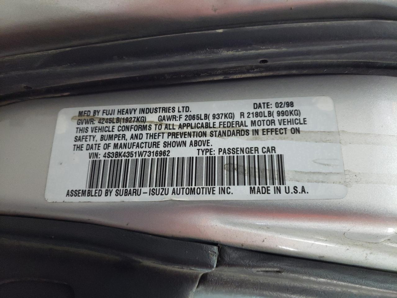 Photo 10 from auction – 1998 SUBARU LEGACY with VIN 4S3BK4351W7316962