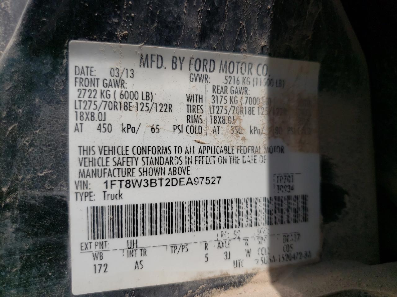 Photo 10 from auction – 2013 FORD F350 SUPER with VIN 1FT8W3BT2DEA97527