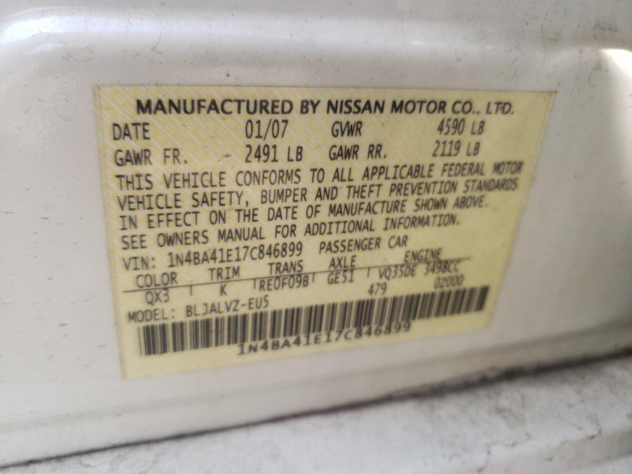 Photo 10 from auction – 2007 NISSAN MAXIMA SE with VIN 1N4BA41E17C846899