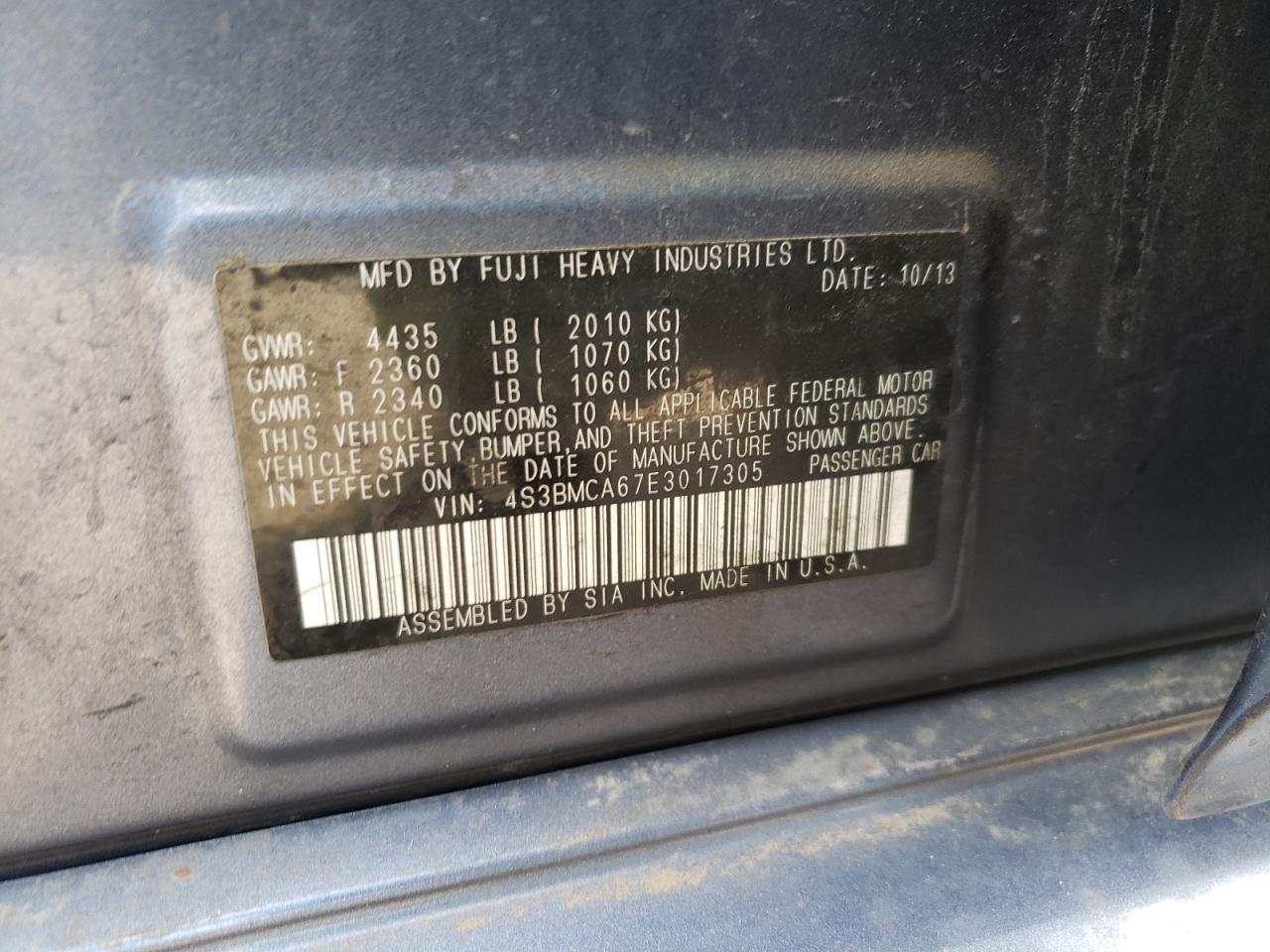 Photo 10 from auction – 2014 SUBARU LEGACY 2.5 with VIN 4S3BMCA67E3017305
