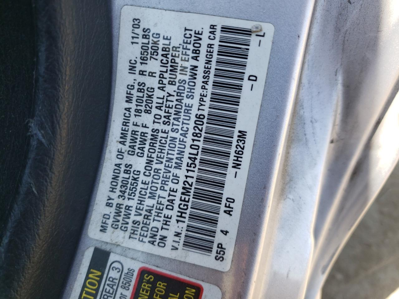 Photo 10 from auction – 2004 HONDA CIVIC DX V with VIN 1HGEM21154L018206