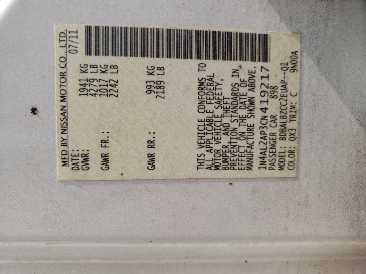 Photo 10 from auction – 2012 NISSAN ALTIMA BAS with VIN 1N4AL2AP3CN419217