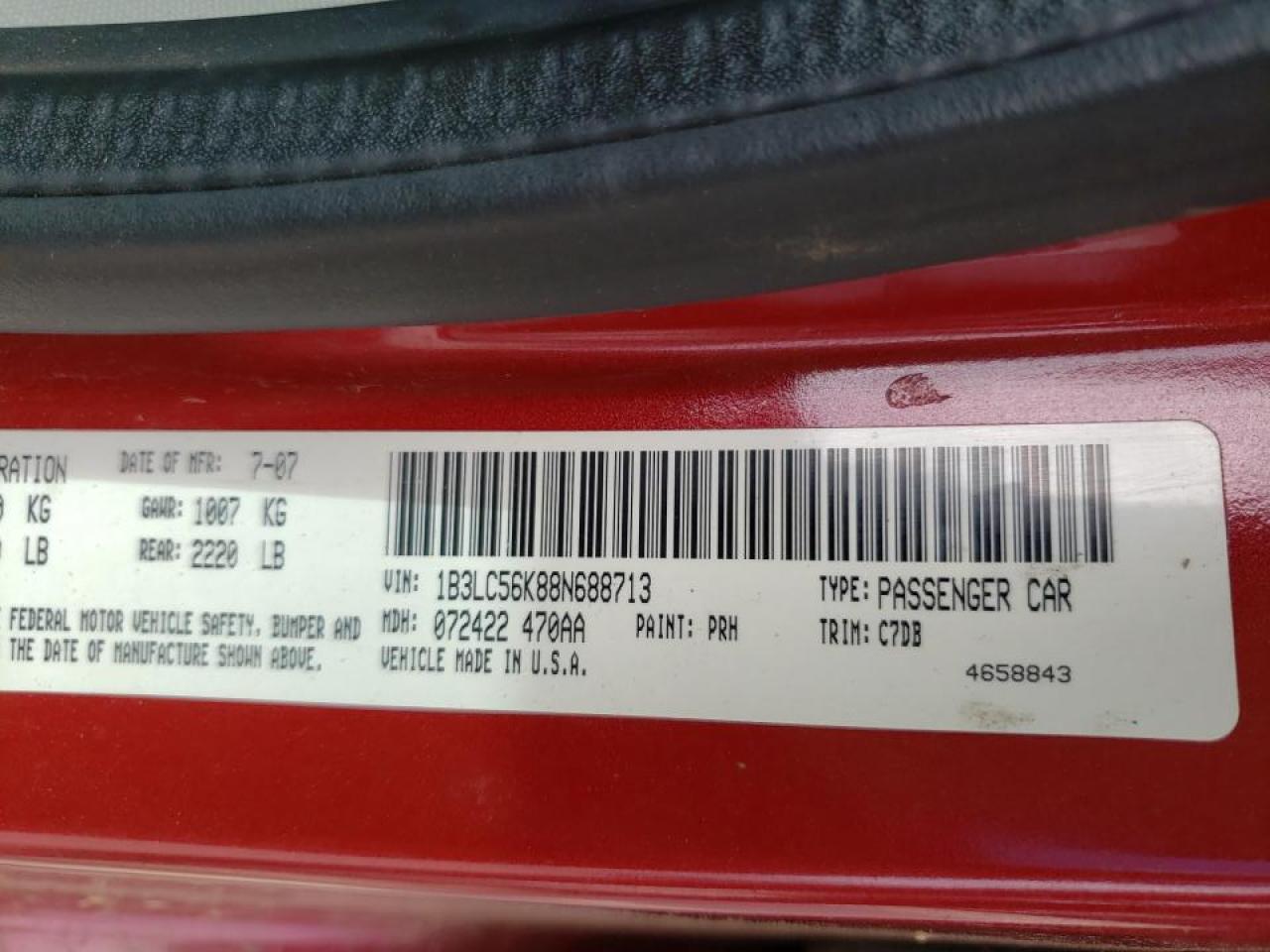 Photo 10 from auction – 2008 DODGE AVENGER SX with VIN 1B3LC56K88N688713