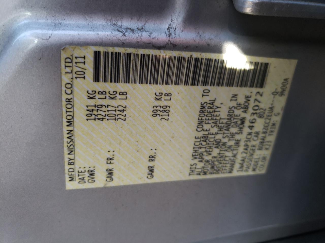 Photo 10 from auction – 2012 NISSAN ALTIMA BAS with VIN 1N4AL2AP3CN463072