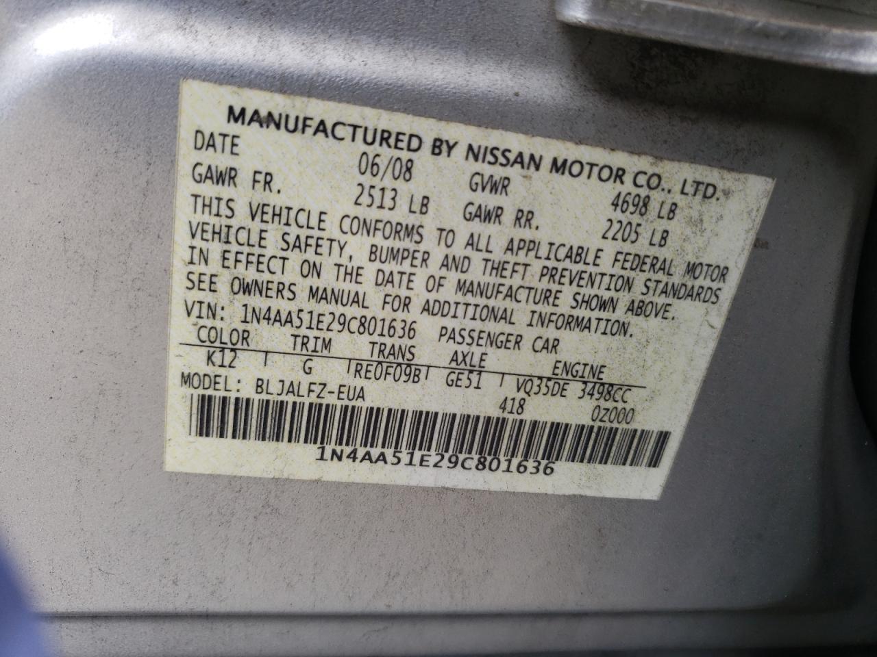 Zdjęcie 10 z aukcji – 2009 NISSAN MAXIMA S z VIN 1N4AA51E29C801636