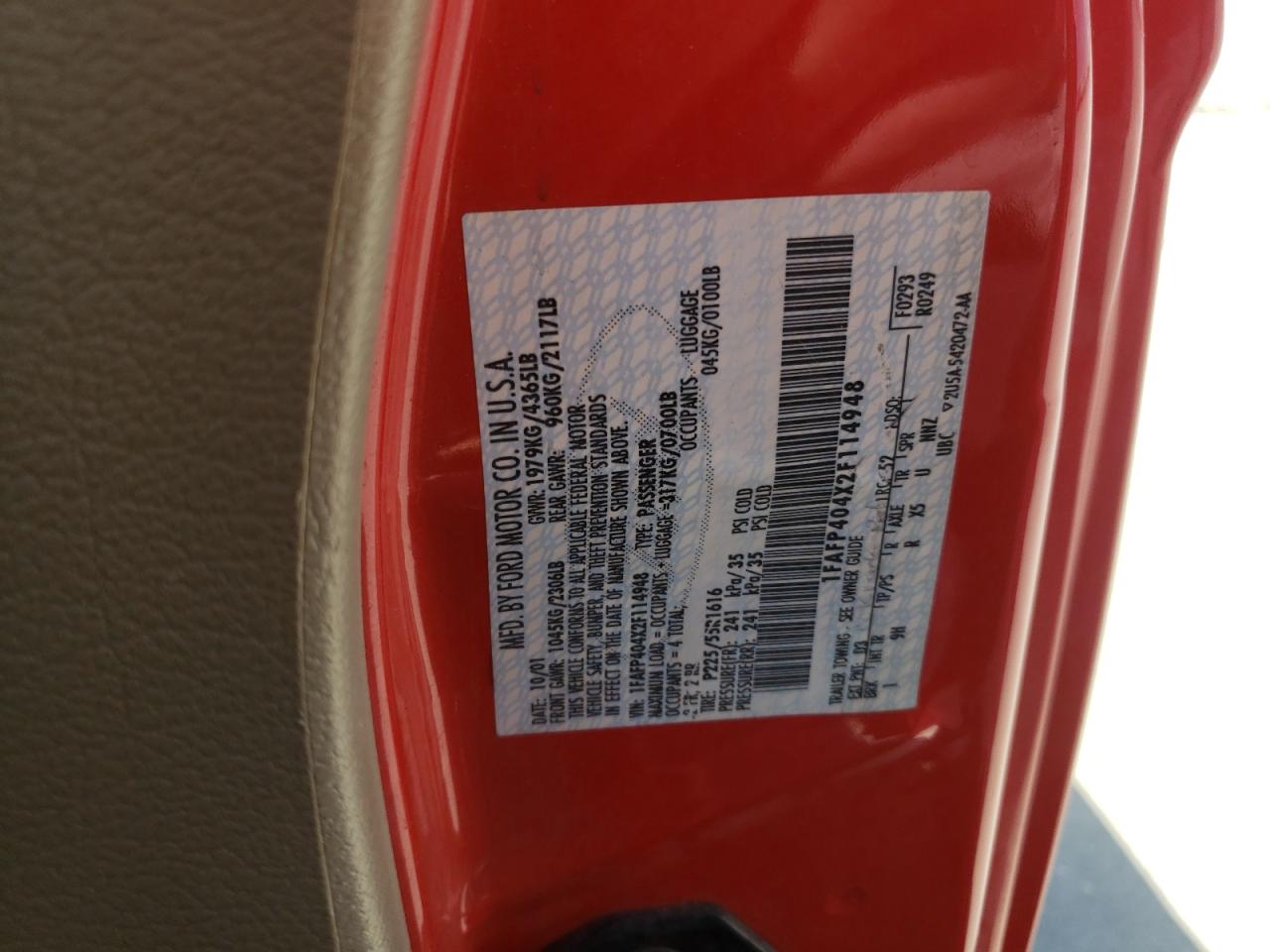 Photo 10 from auction – 2002 FORD MUSTANG with VIN 1FAFP404X2F114948
