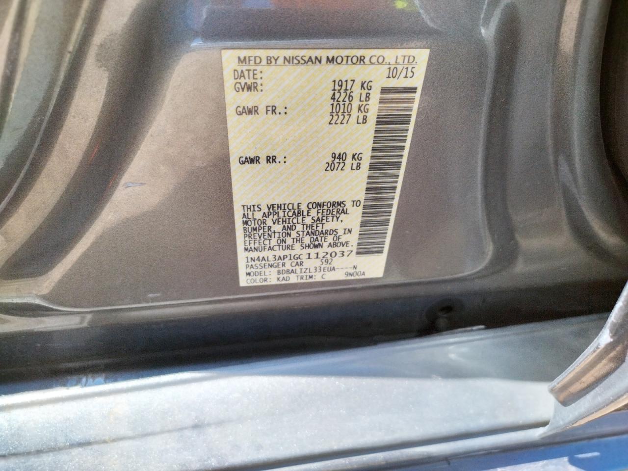 Photo 10 from auction – 2016 NISSAN ALTIMA 2.5 with VIN 1N4AL3AP1GC112037