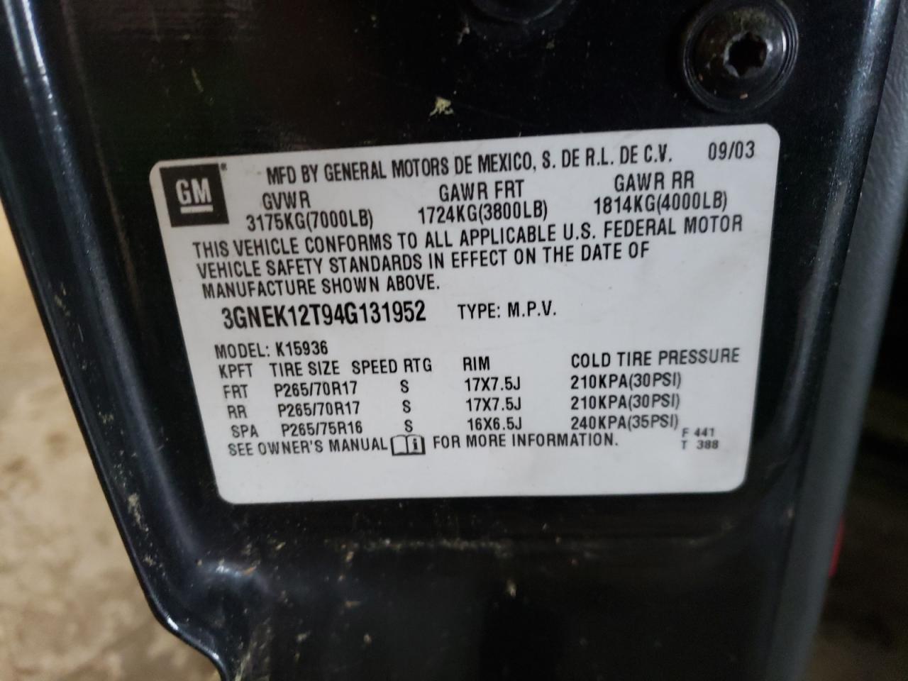 Photo 10 from auction – 2004 CHEVROLET AVALANCHE with VIN 3GNEK12T94G131952