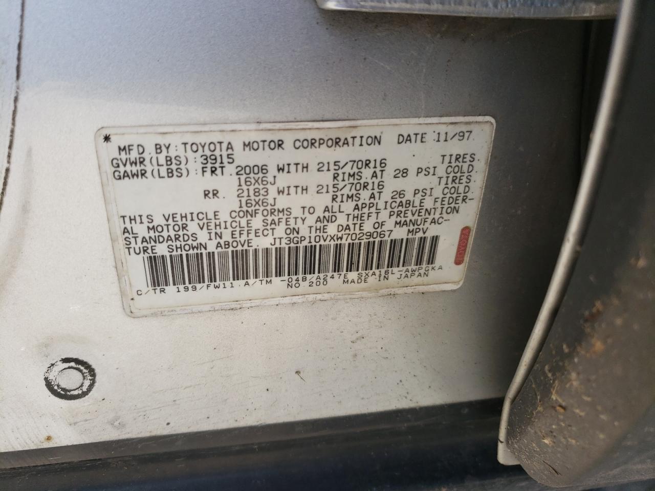 Photo 10 from auction – 1998 TOYOTA RAV 4 with VIN JT3GP10VXW7029067