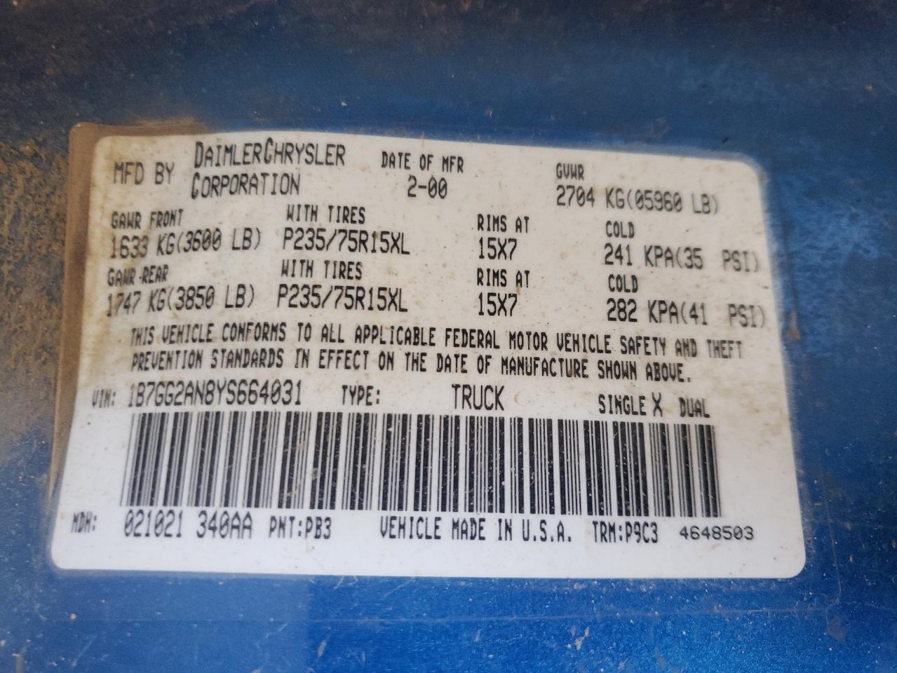 Photo 10 from auction – 2000 DODGE DAKOTA QUA with VIN 1B7GG2AN8YS664031