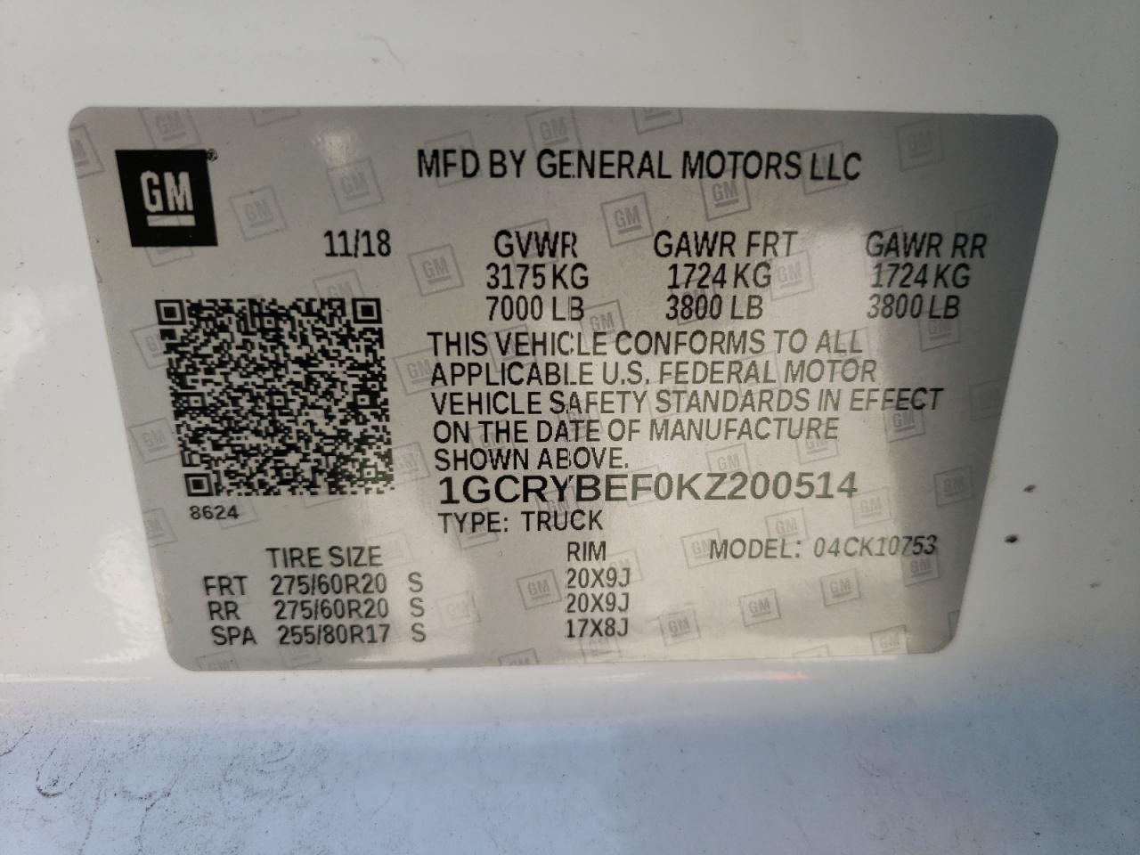 Photo 10 from auction – 2019 CHEVROLET SILVERADO with VIN 1GCRYBEF0KZ200514