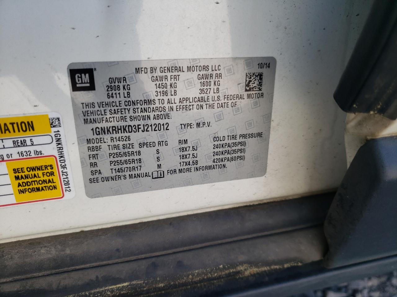 Photo 10 from auction – 2015 CHEVROLET TRAVERSE L with VIN 1GNKRHKD3FJ212012