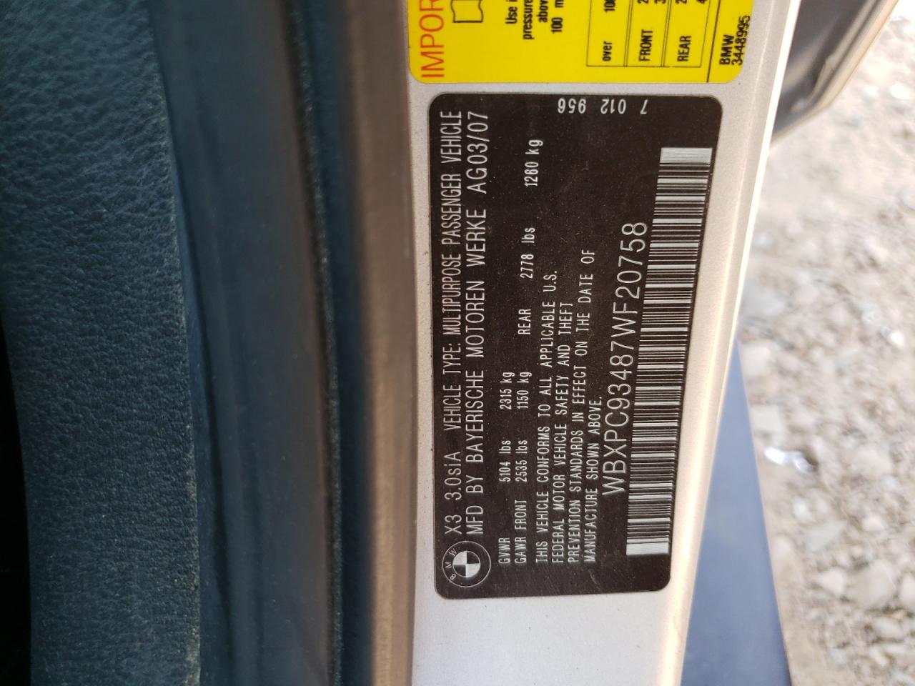 Photo 10 from auction – 2007 BMW X3 3.0SI with VIN WBXPC93487WF20758