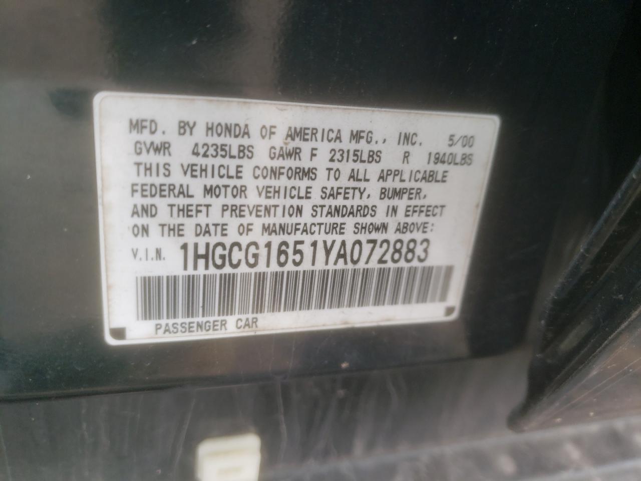 Photo 10 from auction – 2000 HONDA ACCORD with VIN 1HGCG1651YA072883
