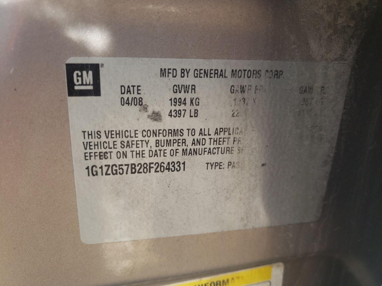 Photo 10 from auction – 2008 CHEVROLET MALIBU LS with VIN 1G1ZG57B28F264331