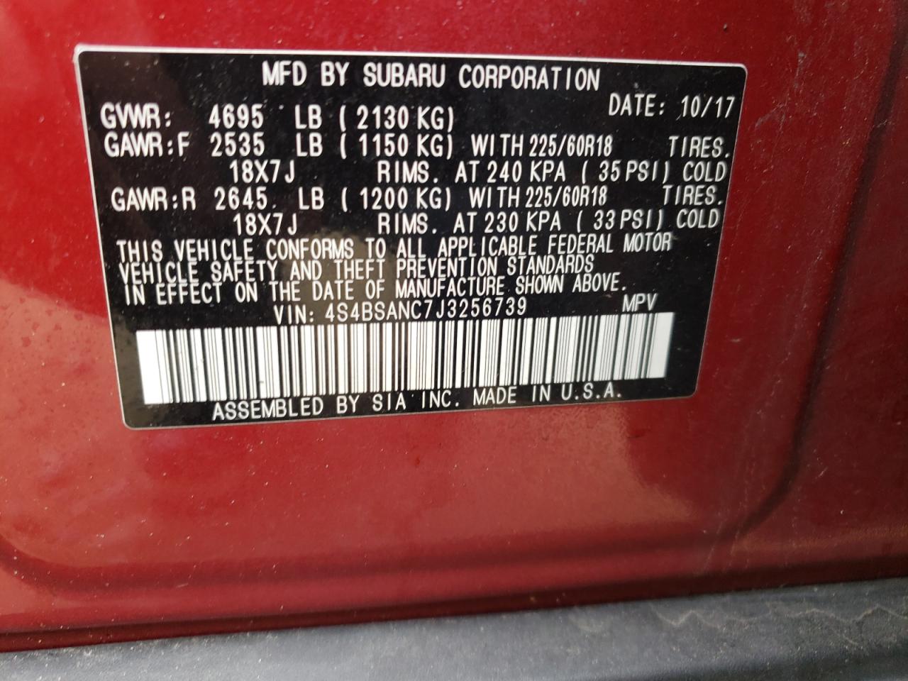 Photo 10 from auction – 2018 SUBARU OUTBACK 2. with VIN 4S4BSANC7J3256739
