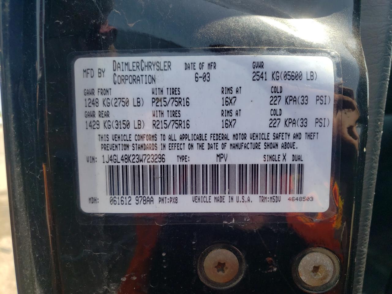 Photo 10 from auction – 2003 JEEP LIBERTY SP with VIN 1J4GL48K23W723296