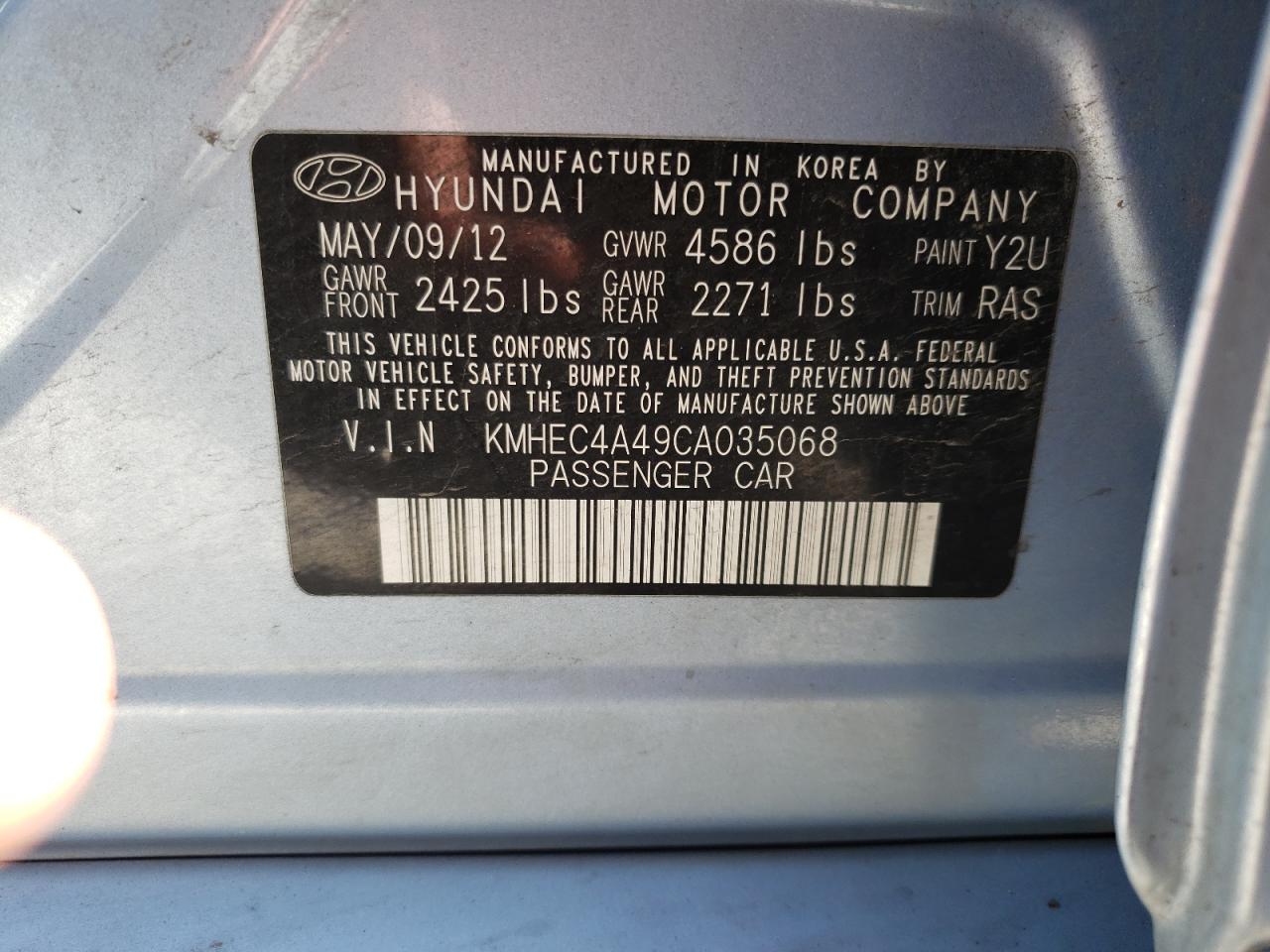 Photo 10 from auction – 2012 HYUNDAI SONATA HYB with VIN KMHEC4A49CA035068