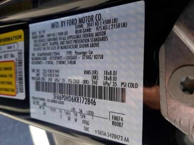 Photo 10 from auction – 2019 FORD FUSION SE with VIN 3FA6P0HD6KR172846