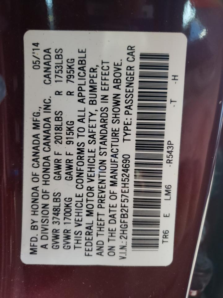 Photo 10 from auction – 2014 HONDA CIVIC LX with VIN 2HGFB2F57EH524690