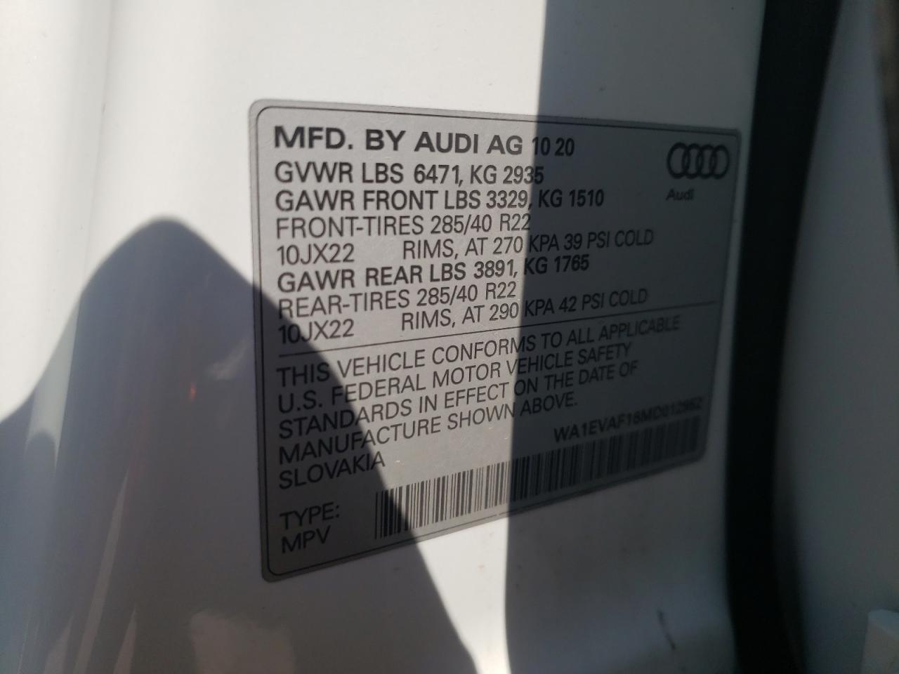 Photo 10 from auction – 2021 AUDI Q8 PREMIUM with VIN WA1EVAF16MD012952
