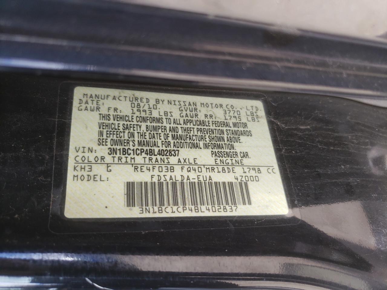 Photo 10 from auction – 2011 NISSAN VERSA S with VIN 3N1BC1CP4BL402837