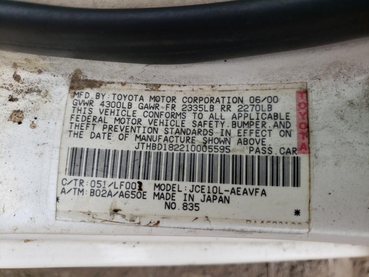 Photo 10 from auction – 2001 LEXUS IS 300 with VIN JTHBD182210005595