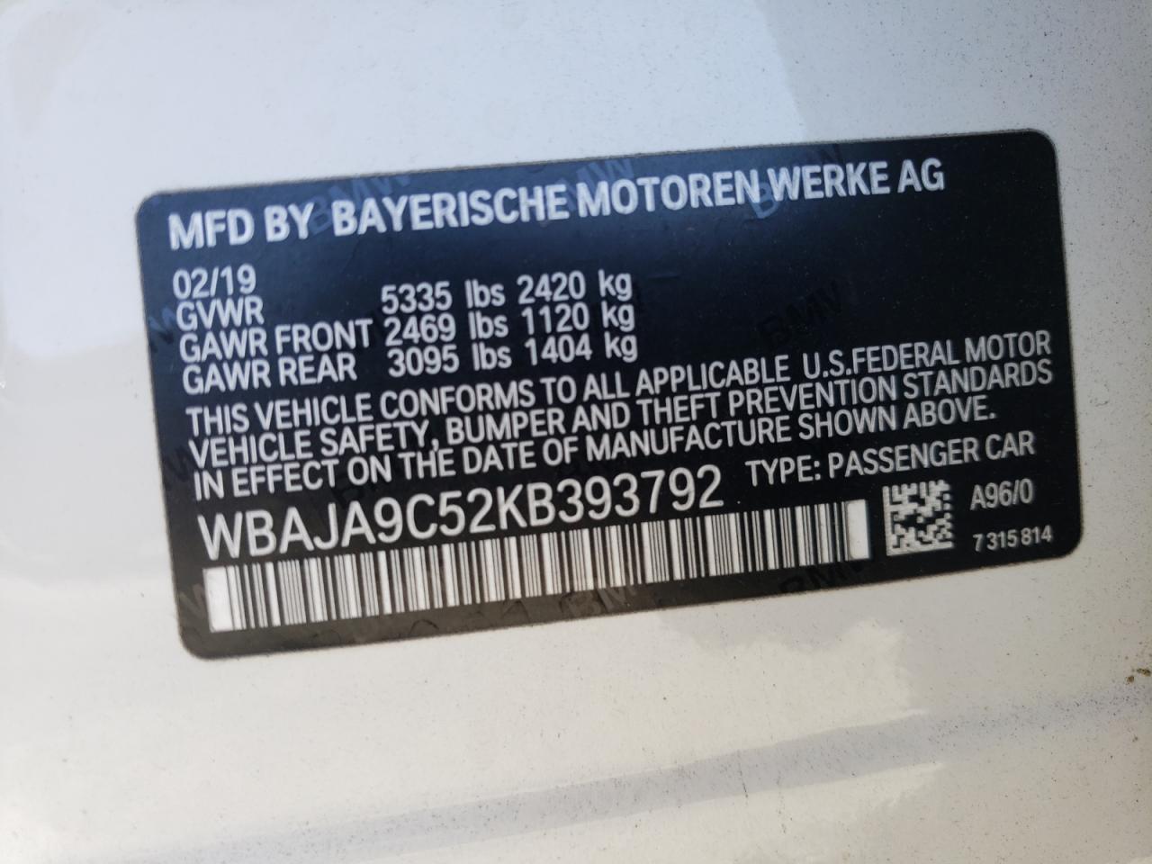Photo 10 from auction – 2019 BMW 530E with VIN WBAJA9C52KB393792