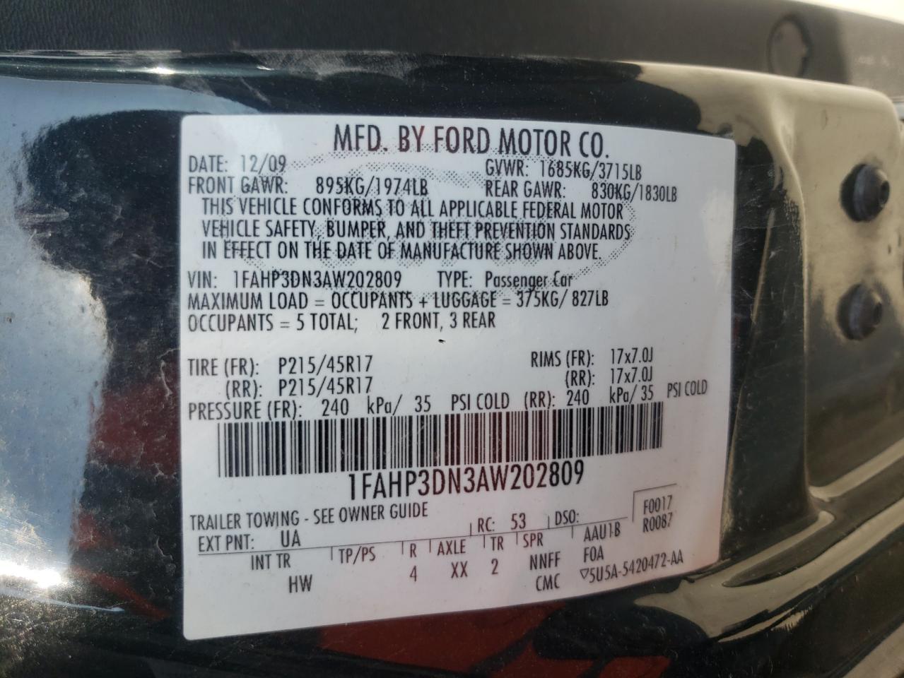 Photo 10 from auction – 2010 FORD FOCUS SES with VIN 1FAHP3DN3AW202809